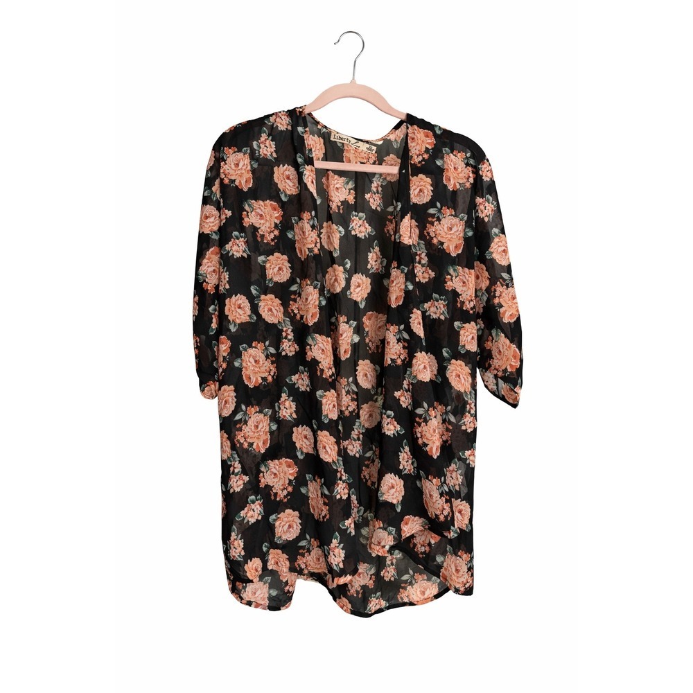 Liberty Love Floral Open-Front Kimono Coverup Size XL Sheer Black with roses